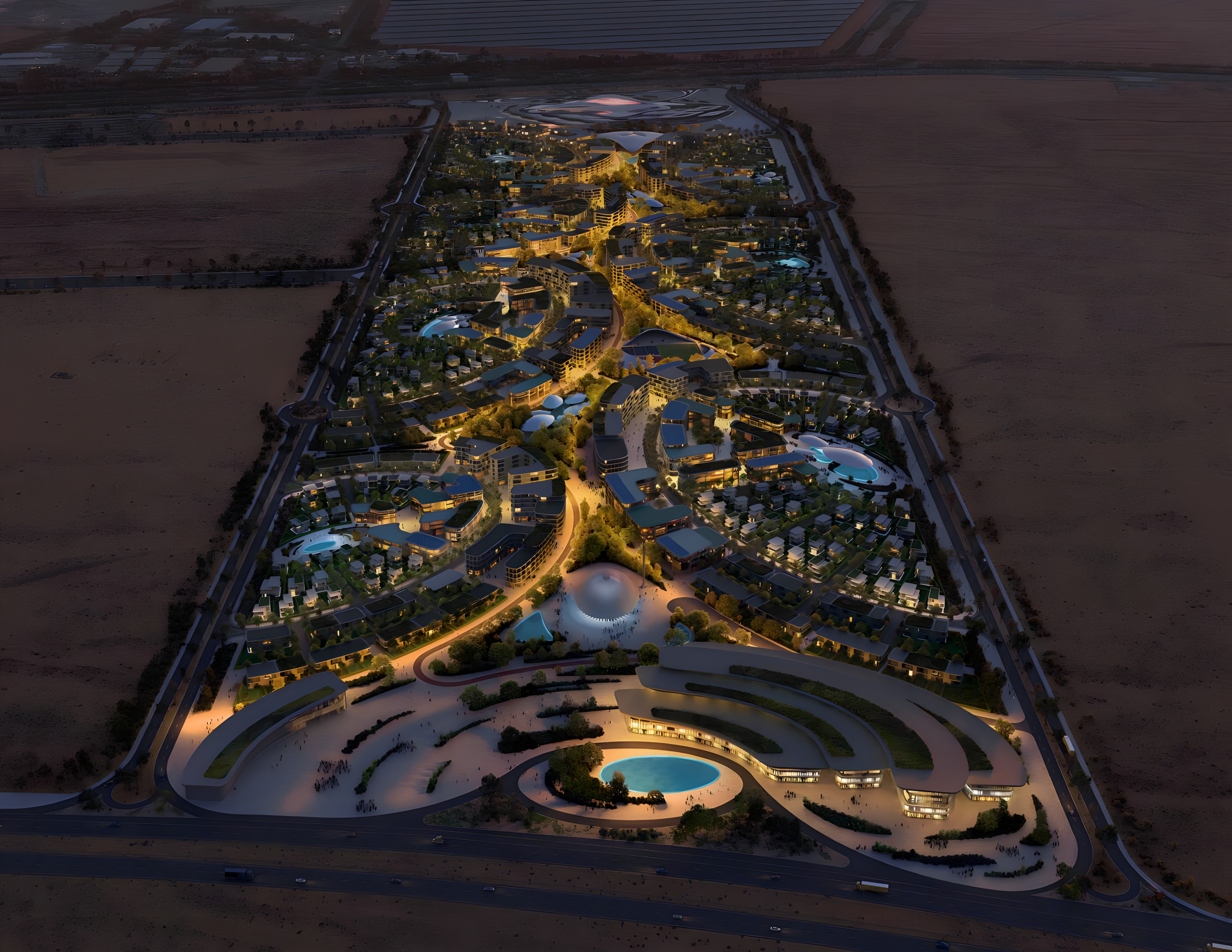 Khalid Bin Sultan City masterplan - Complete aerial view of 6000+ freehold residences across 7 walkable neighborhoods with 2km central oasis
